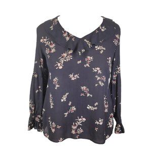 J. JILL Women's Long Sleeve Black Floral Popover Top Shirt Blouse Tan Red Medium